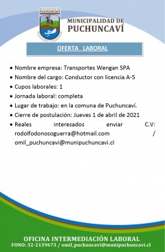 OFERTA LABORAL: CONDUCTOR CON LICENCIA A5