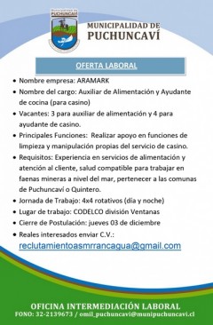 OFERTA LABORAL: AUXILIAR DE ALIMENTACIÓN Y AYUDANTE DE COCINA