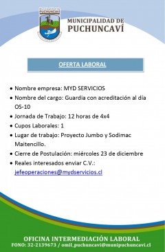 OFERTA LABORAL: GUARDIA DE SEGURIDAD