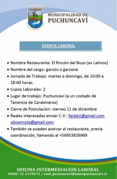 OFERTA LABORAL: GARZÓN O GARZONA