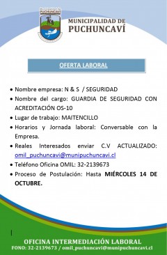 OFERTA LABORAL: GUARDIA DE SEGURIDAD