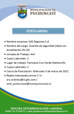 OFERTA LABORAL:  GUARDIA DE SEGURIDAD
