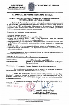 ENTREGAMOS INFORMACIÓN SOBRE PROCESO DE INSCRIPCIÓN Y RECALIFICACIÓN DE SALVAVIDAS ENTREGADO POR LA CAPITANÍA DE PUERTO DE QUINTERO