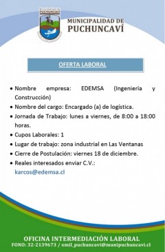 OFERTA LABORAL: ENCARGADO O ENCARGADA DE LOGÍSTICA