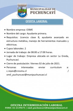 OFERTA LABORAL: AYUDANTE PRIMERA