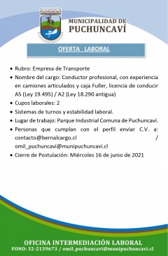 OFERTA LABORAL: CONDUCTOR PROFESIONAL LICENCIAS A2 - A5