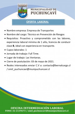 OFERTA LABORAL: TÉCNICO EN PREVENCIÓN DE RIESGOS