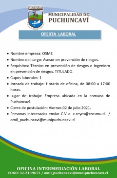 OFERTA LABORAL: ASESOR PREVENCIÓN DE RIESGOS