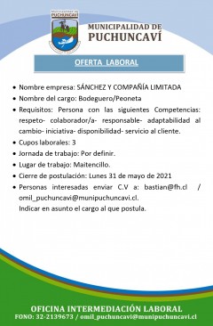 OFERTAS LABORALES: REPONEDOR/A - BODEGUERO PEONETA - CAJERO/A