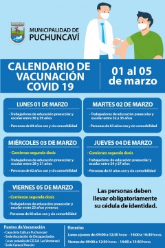 CALENDARIO VACUNACIÓN COVID SEMANA 1 AL 5 DE MARZO