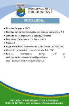 OFERTA LABORAL: CONDUCTOR CON LICENCIA A5