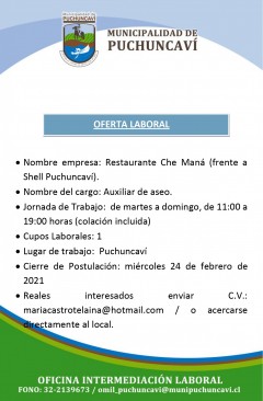 OFERTAS LABORALES: SUPERVISOR Y AUXILIAR DE ASEO