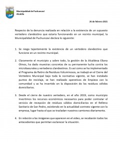 COMUNICADO OFICIAL SOBRE DENUNCIA DE VERTEDERO ILEGAL