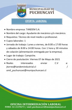 OFERTA LABORAL: AYUDANTE MECÁNICO Y/O MECÁNICO