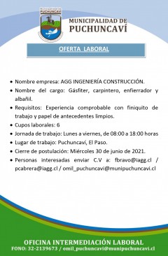 OFERTAS LABORALES: AYUDANTE O JORNAL / GÁSFITER, CARPINTERO, ENFIERRADOR, ALBAÑIL