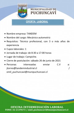 OFERTA LABORAL: MECÁNICO AUTOMOTRIZ