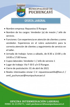 OFERTA LABORAL: VENDEDOR DE MESÓN - JEFE DE SERVICIOS