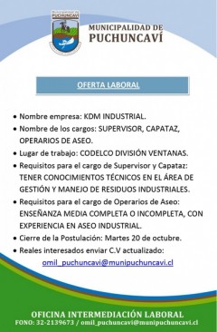 OFERTA DE EMPLEO: SUPERVISOR, CAPATAZ Y OPERARIOS DE ASEO
