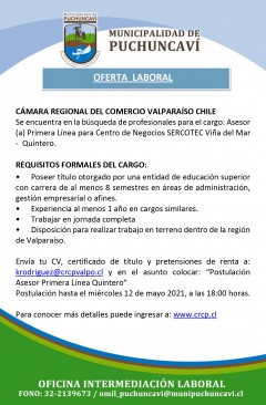 OFERTA LABORAL: ASESOR PRIMERA LÍNEA PARA CENTRO DE NEGOCIOS SERCOTEC