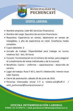 OFERTA LABORAL: EJECUTIVO SERVICIOS FINANCIEROS