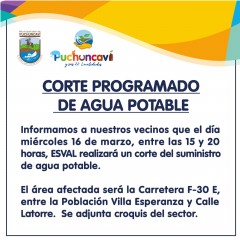 ESVAL REALIZARÁ CORTE DE SUMINISTRO DE AGUA POTABLE EL PRÓXIMO MIÉRCOLES 16 DE MARZO