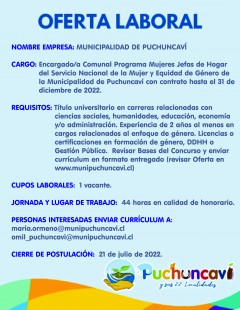 SE ABRE NUEVA CONVOCATORIA PARA PROFESIONAL PARA EL PROGRAMA JEFAS DE HOGAR DE PUCHUNCAVÍ