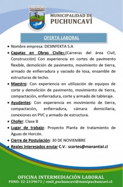 OFERTA LABORAL: CAPATAZ, MAESTRO, AYUDANTE, CHOFER
