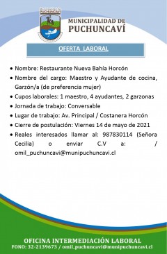 OFERTA LABORAL: MAESTRO - AYUDANTE DE COCINA - GARZÓN/A