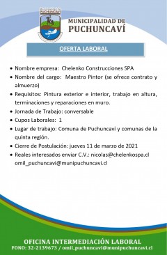 OFERTA LABORAL:  MAESTRO PINTOR