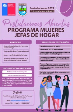 SE ABREN LAS POSTULACIONES AL PROGRAMA MUJERES JEFAS DE HOGAR VERSIÓN 2022