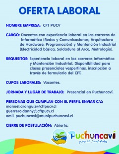 ATENCIÓN DOCENTES EL CENTRO DE FORMACIÓN TÉCNICA DE LA PUCV SEDE PUCHUNCAVÍ REQUIERE DE PROFESORES