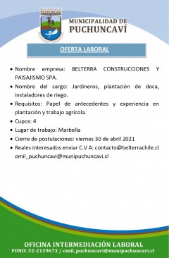 OFERTA LABORAL: JARDINERO - INSTALADOR DE RIEGO