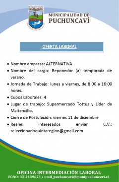 OFERTA LABORAL: REPONEDOR (A) TEMPORADA DE VERANO