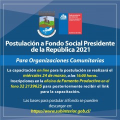 ESTE 24 DE MARZO SE REALIZARÁ CAPACITACIÓN ONLINE PARA PORTULAR A LOS FONDOS PRESIDENTE DE LA REPÚBLICA 2021