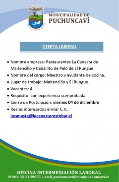 OFERTA LABORAL: MAESTRO Y AYUDANTE DE COCINA