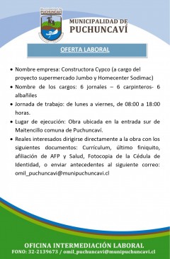 OFERTA LABORAL: JORNALES, ALBAÑILES, CARPINTEROS