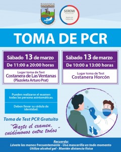 TOMA DE PCR MASIVO SE REALIZARÁ ESTE SÁBADO EN DOS PUNTOS DE NUESTRA COMUNA