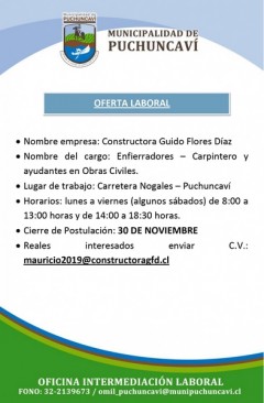 OFERTAS LABORALES: ENFIERRADORES, CARPINTERO, AYUDANTES EN OBRAS CIVILES Y PERSONAL PARA LAVANDERÍA