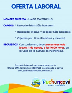 ENTREVISTAS DE TRABAJO PARA JUMBO MAITENCILLO SE DESARROLLARÁN ESTE JUEVES 11 DE AGOSTO 