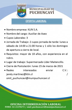 OFERTA LABORAL:  AUXILIAR DE ASEO