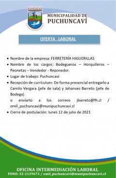 OFERTA LABORAL: BODEGUEROS - HORQUILLEROS - PEONETAS - VENDEDOR - REPONEDOR 