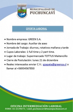 OFERTAS LABORALES:  AUXILIAR DE ASEO, JORNAL Y AYUDANTE DE CARPINTERO