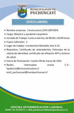 OFERTA LABORAL:  MAESTRO Y AYUDANTE CARPINTERO