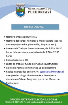 OFERTA LABORAL: TRABAJADORES PARA LABORES DE CAMPO 