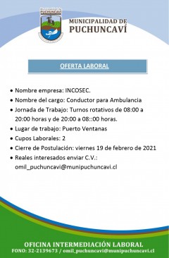 OFERTAS LABORALES:  CONDUCTOR AMBULANCIA - PARAMÉDICOS