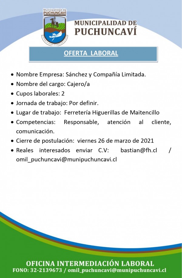 OFERTAS LABORALES: BODEGUERO, CAJERA/O, CHOFER, REPONEDOR/A